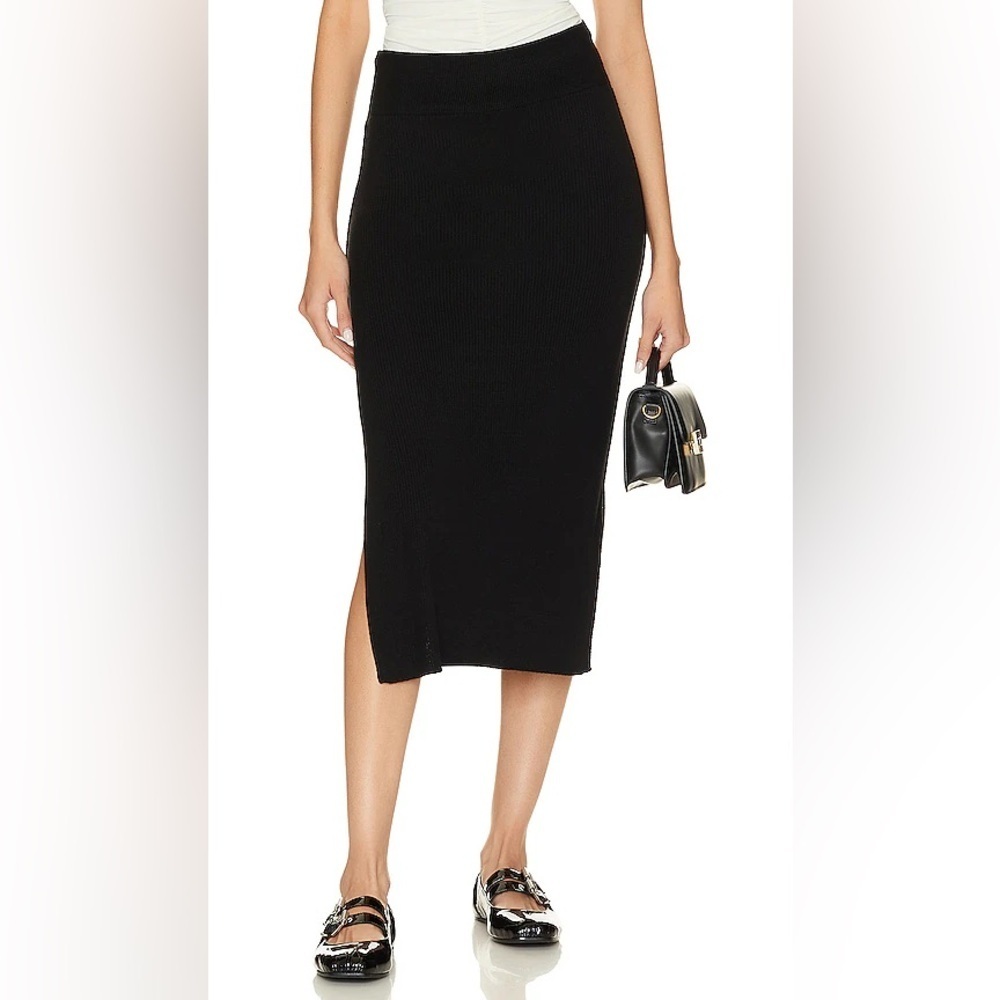 Free People Black Ribbed Knit Midi Skirt Size M/L NWT Slit Minimalist